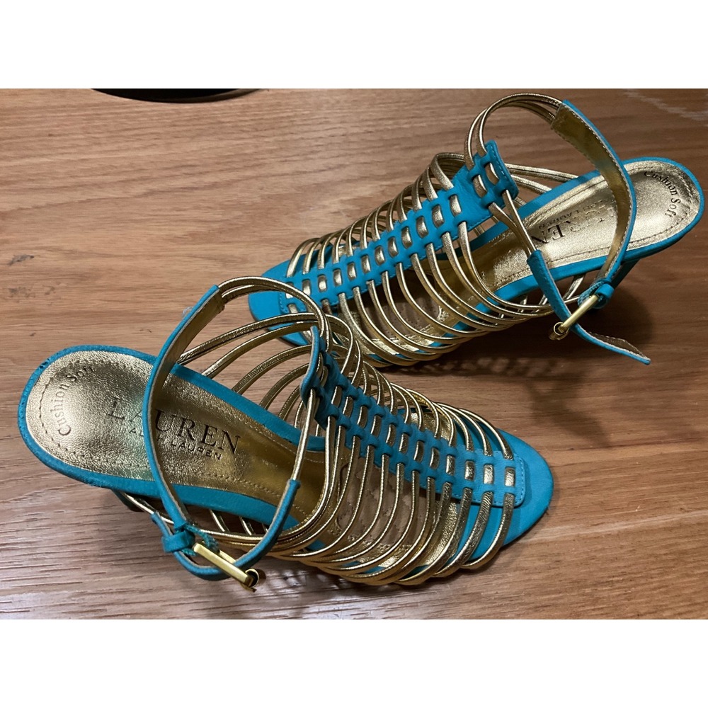 Lauren Ralph Lauren Skyla Turquoise Gold Cage Stiletto Sandals Heels 6B